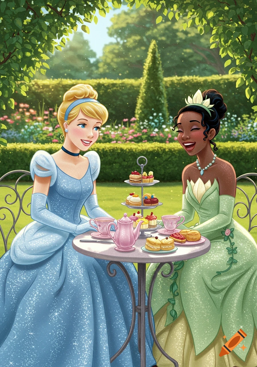 Cinderella and Tiana in their ballgowns enjoy a tea party with pastries in a lush, green garden setting.