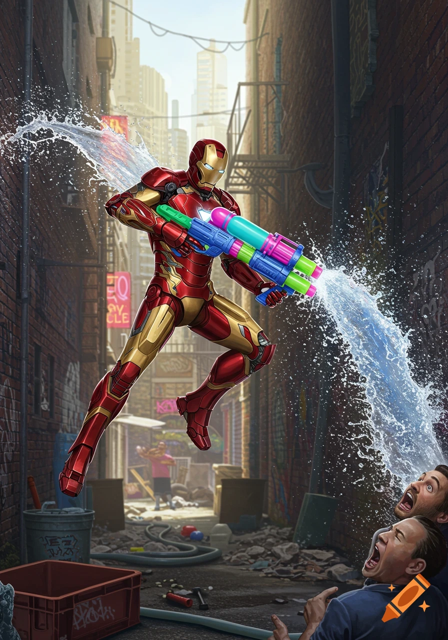 Iron Man in a red and gold suit sprays two screaming men with a colorful water gun in a dirty alleyway, against a city backdrop.