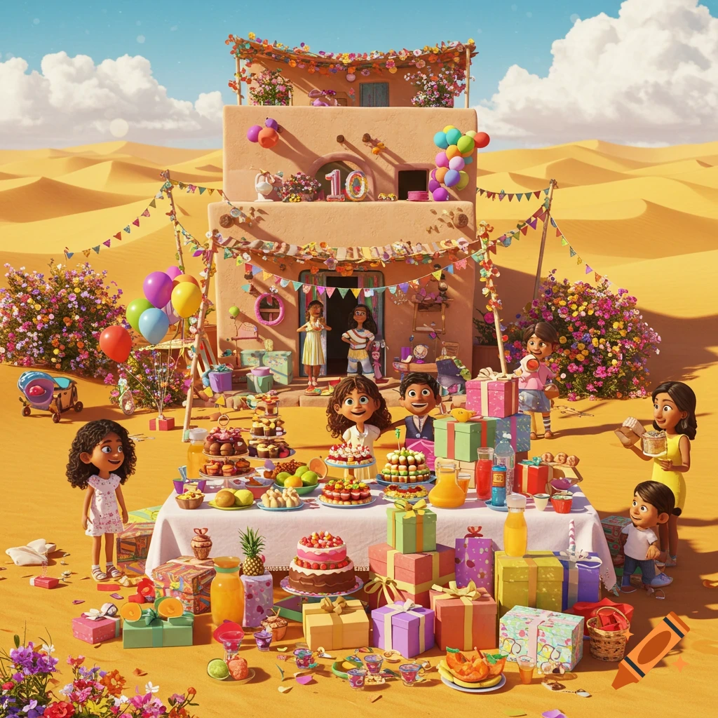 Whimsical 3D illustration of a vibrant birthday party with children, cakes, and gifts outside a decorated villa in a sunny desert.