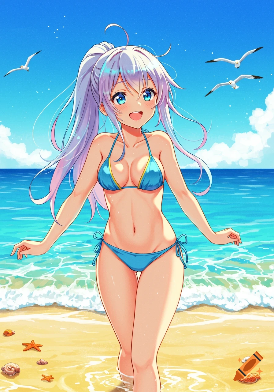Anime girl with long light purple hair in a blue bikini smiles while standing in shallow ocean water at a sunny beach.