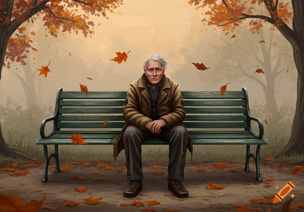 Sad old man with white hair sits on a green park bench amidst falling autumn leaves in an illustration.