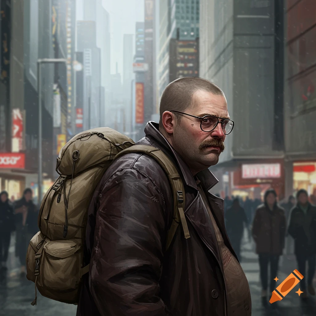 A man with a mustache, buzz cut, glasses, leather coat, and hiking pack stands on a rainy city street in a digital art style.