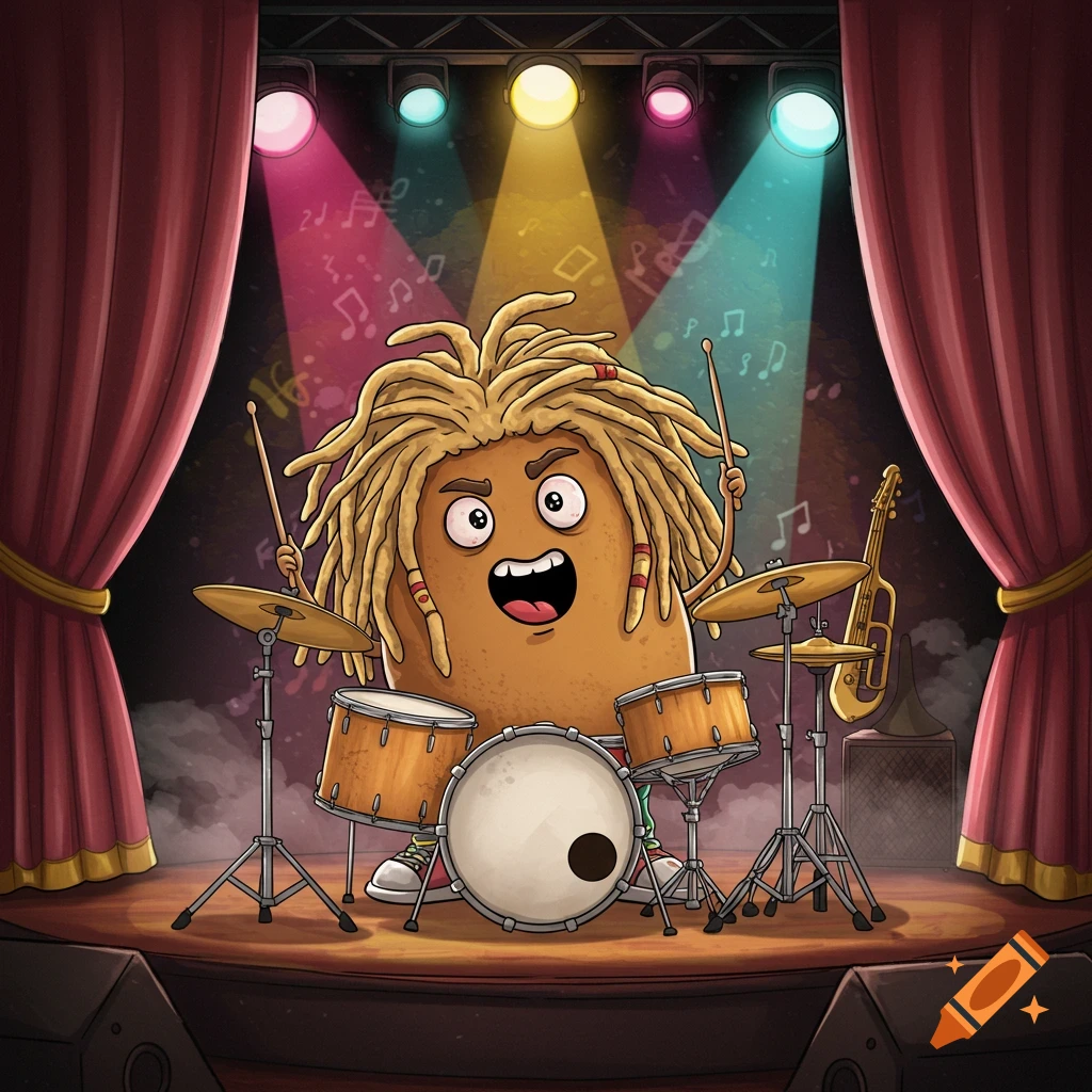 Cartoon potato with blonde dreadlocks playing drums on a stage with spotlights and musical notes.