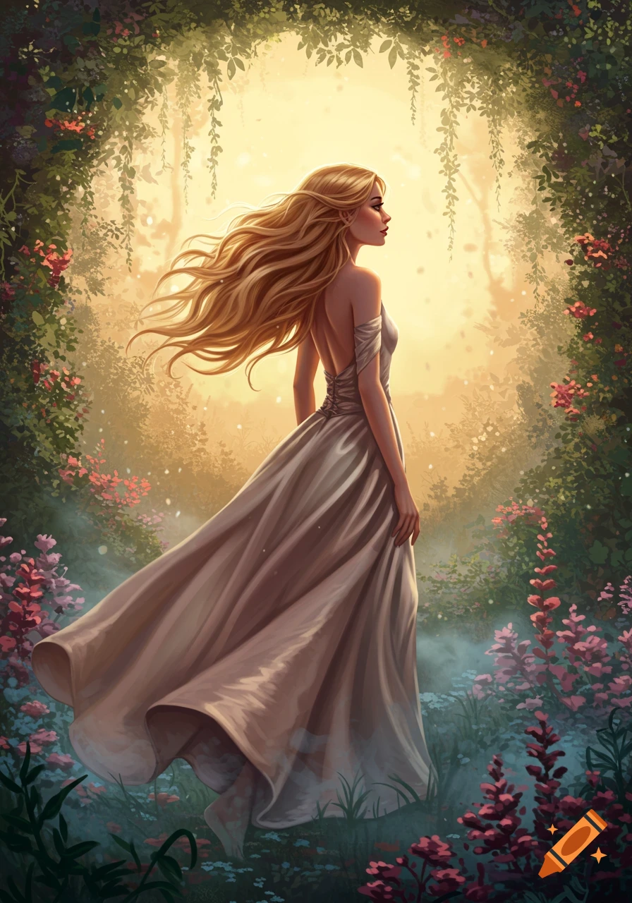 An illustrated fantasy image of a woman with long blonde hair and a flowing dress walking through a magical flowering garden at sunset.