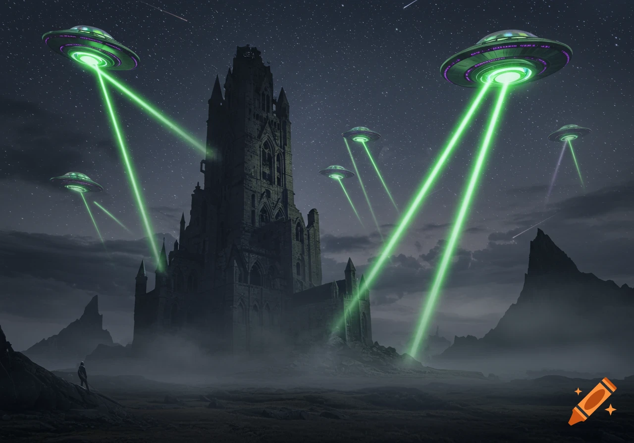 Multiple UFOs shine green beams over a dark, gothic tower and misty landscape under a starry night sky.