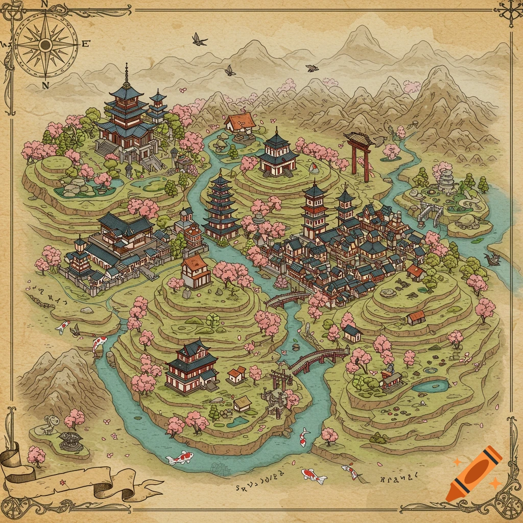 An isometric fantasy city map in Japanese style, featuring pagodas, villages, rivers, cherry blossom trees, and mountains on aged parchment.