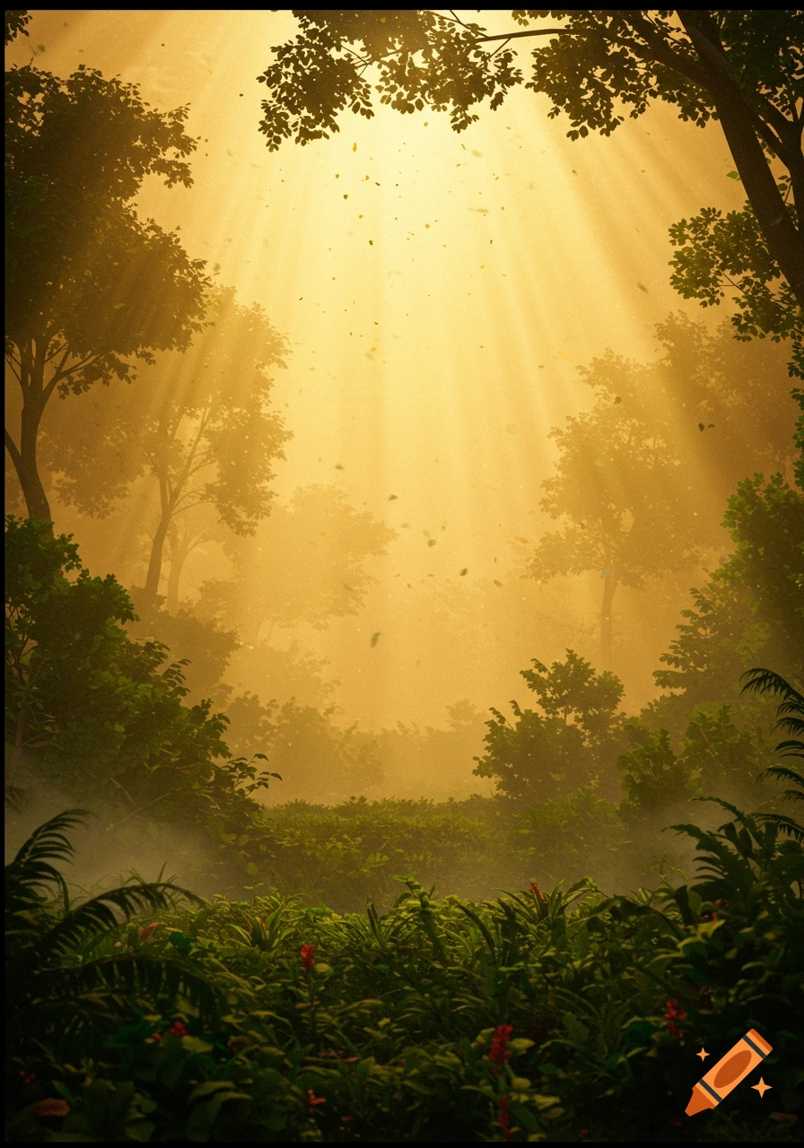 A hazy, dusty jungle with bright sun rays filtering through the dense canopy, illuminating the foliage and air.