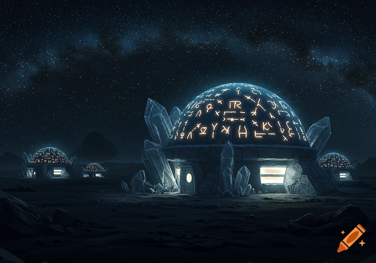 Dome-shaped alien habitats made of glowing crystal, covered in glowing glyphs, under a starry night sky.