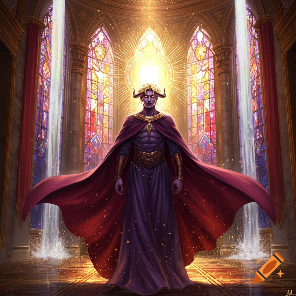 A horned, red-eyed figure in a dramatic red cape and purple tunic stands in a majestic gothic hall with bright stained glass windows and emanating light.