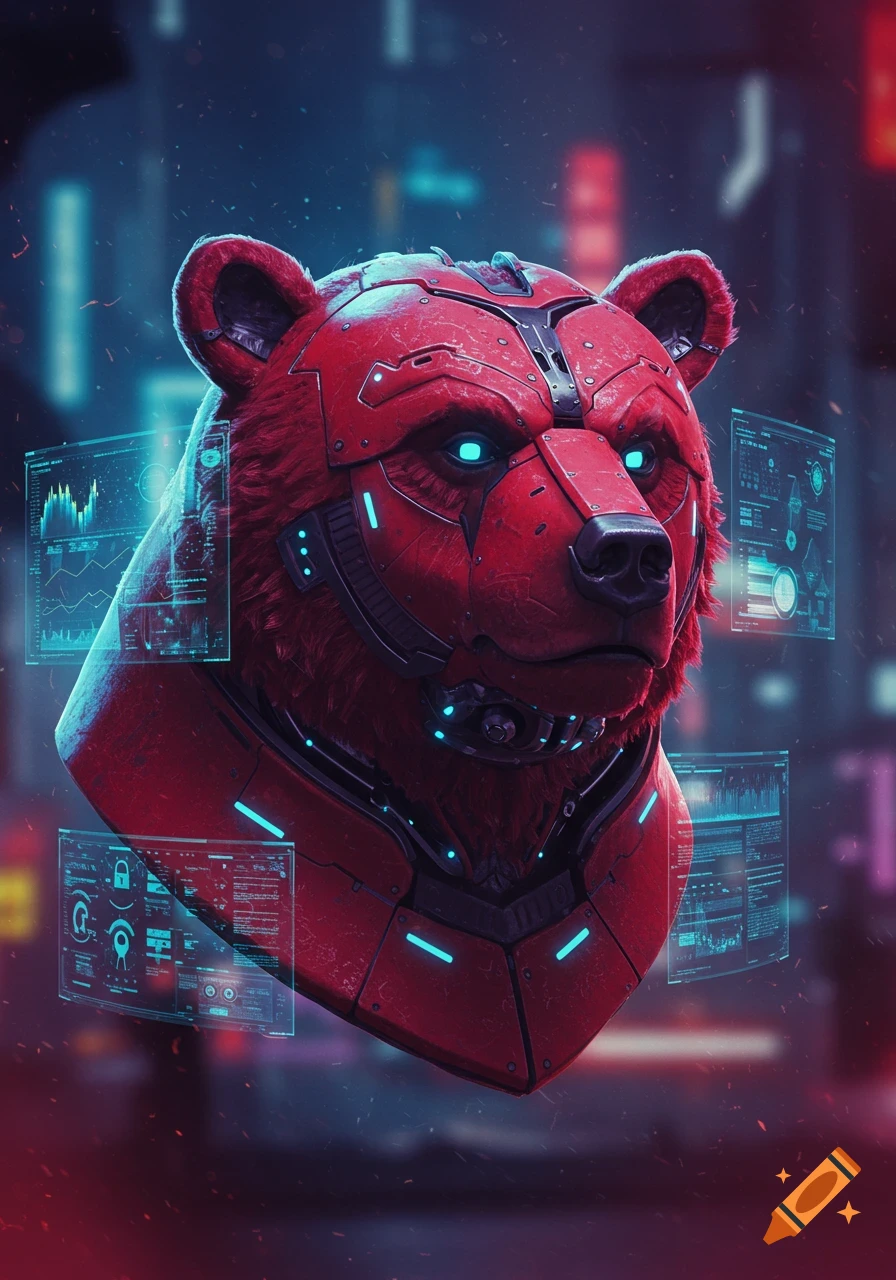 A detailed cyberpunk red bear head with metallic plating, glowing blue eyes, and holographic data screens.