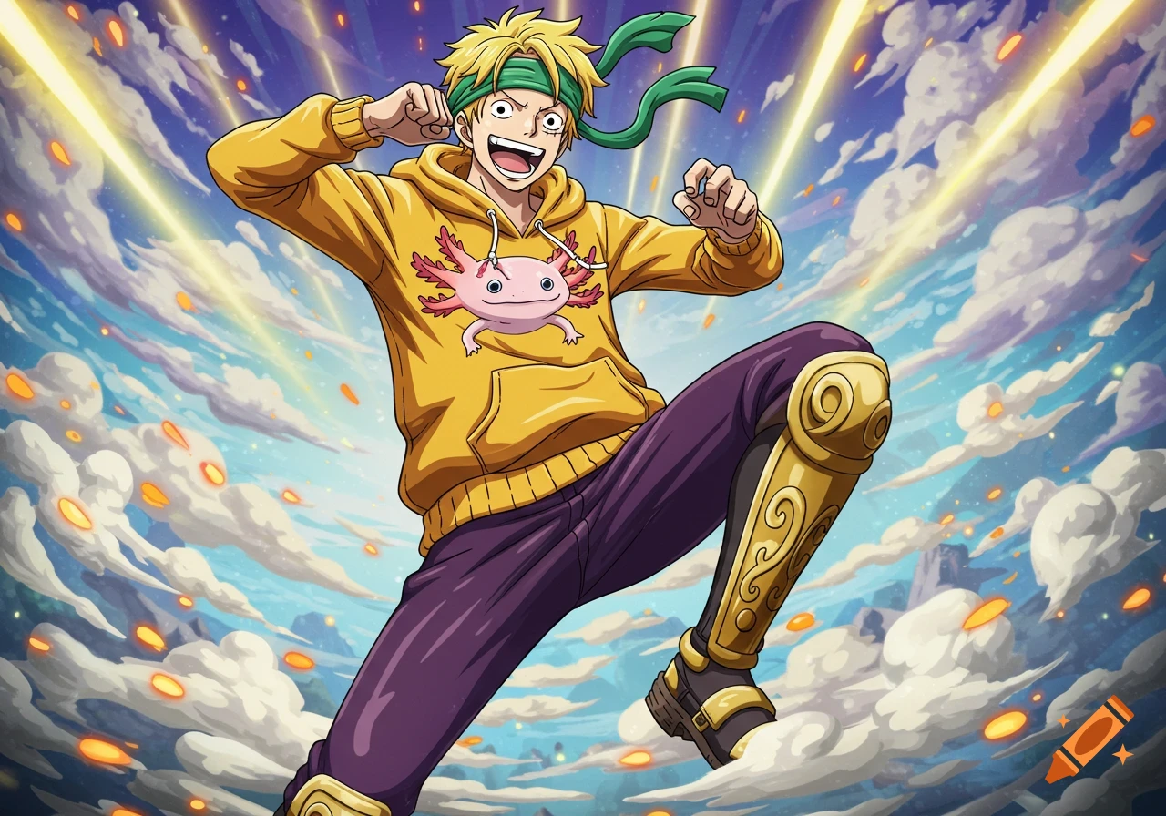 An energetic anime guy with blonde hair, green headband, yellow hoodie with a pink axolotl, purple pants, and golden knee pads, in a bright sky background.