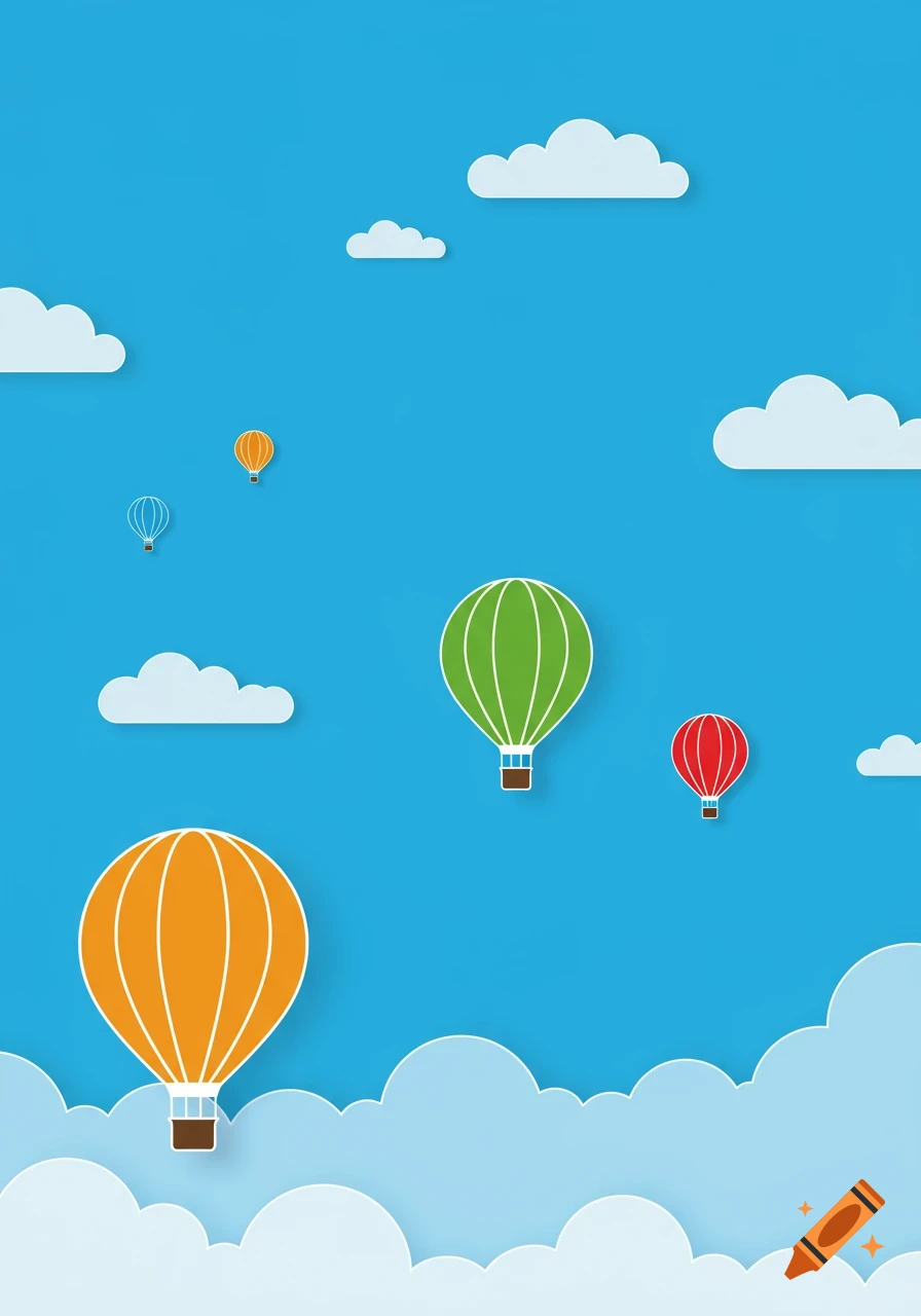 A stylized illustration of colorful hot air balloons floating in a blue sky with white clouds.