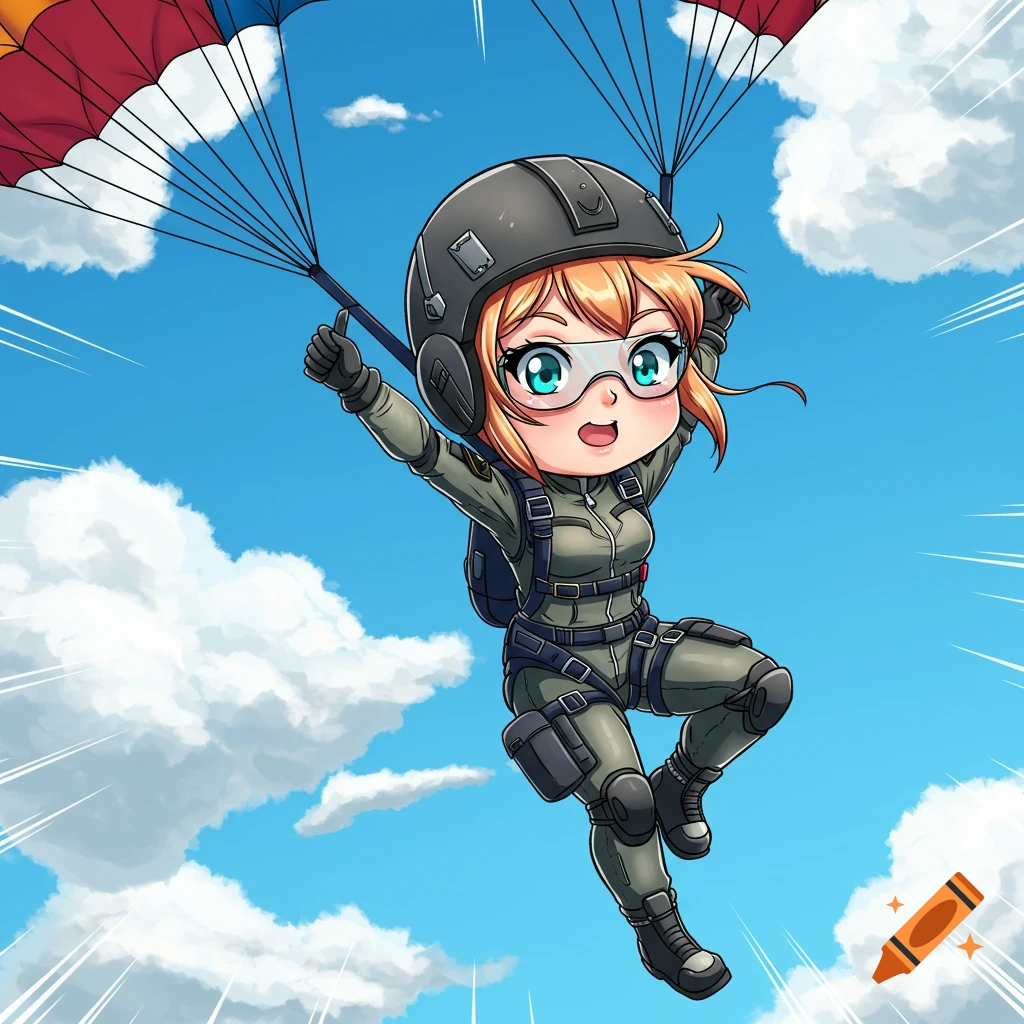 Chibi anime girl in a military jumpsuit with a helmet and goggles skydiving under a colorful parachute in a blue sky.