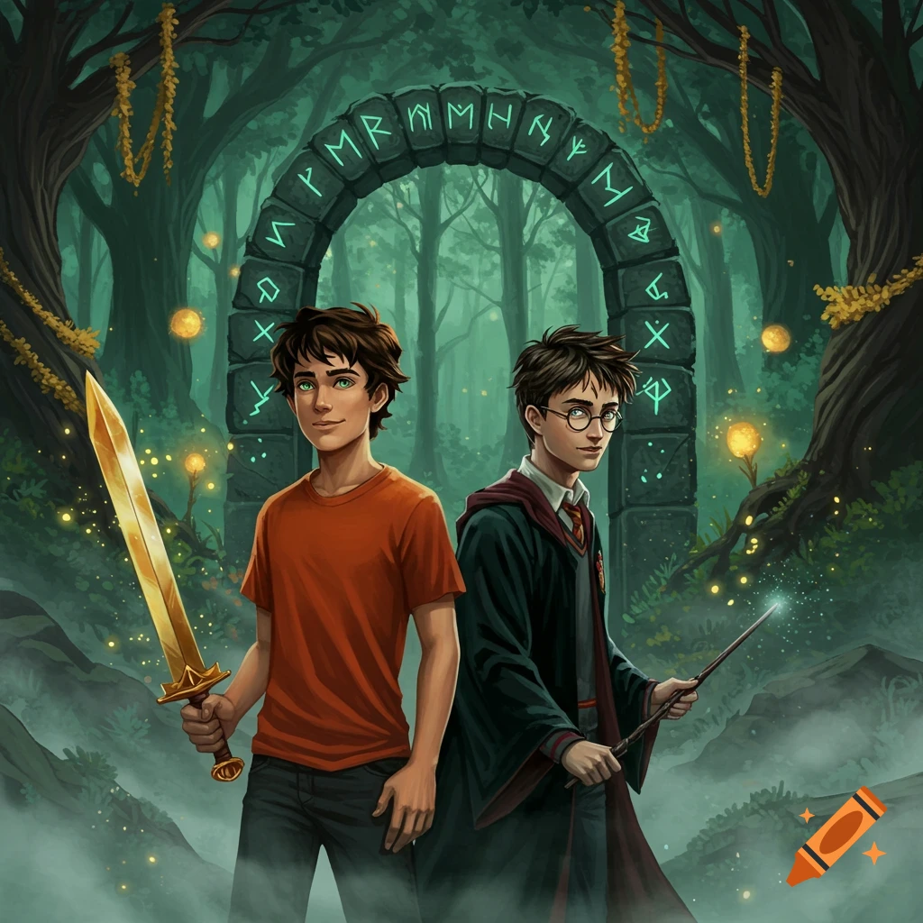 Illustration of two young men, one with a sword and one with a wand, resembling Percy Jackson and Harry Potter, in a magical forest with a glowing runic arch.