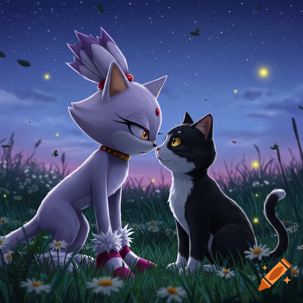 Blaze the Cat and a black and white cat nose-to-nose in a starry field of daisies at night, with fireflies.