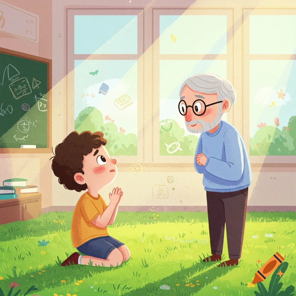 A cartoon illustration of a young boy kneeling on grass indoors, looking up at an elderly male teacher standing in a sunlit room.