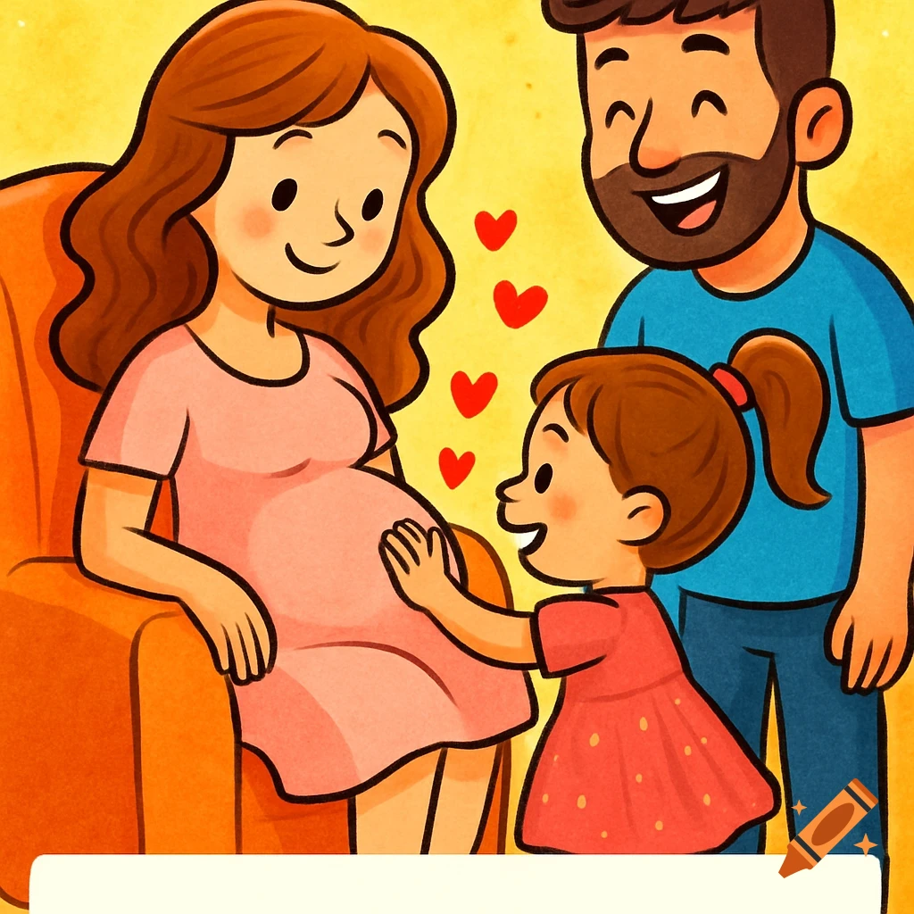 A cheerful cartoon shows a pregnant mother sitting in an armchair while her daughter lovingly touches her belly, with the smiling father standing nearby.