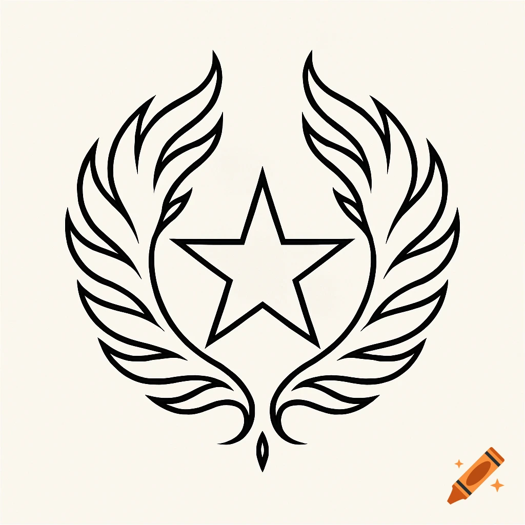 A black outline emblem featuring a five-pointed star encircled by stylized flame-like wings on a light background.