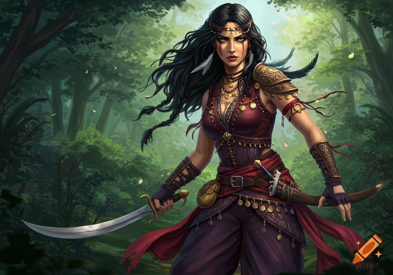 A detailed fantasy illustration of a fierce female warrior with dark hair, green eyes, and a scimitar, standing in a lush forest.
