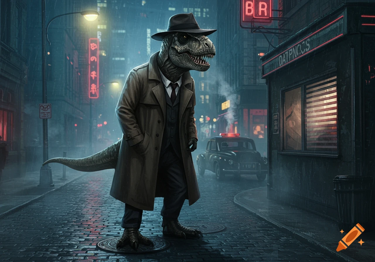 A tyrannosaurus rex in a fedora and trench coat walks on a dark, rainy city street at night, in a noir style.