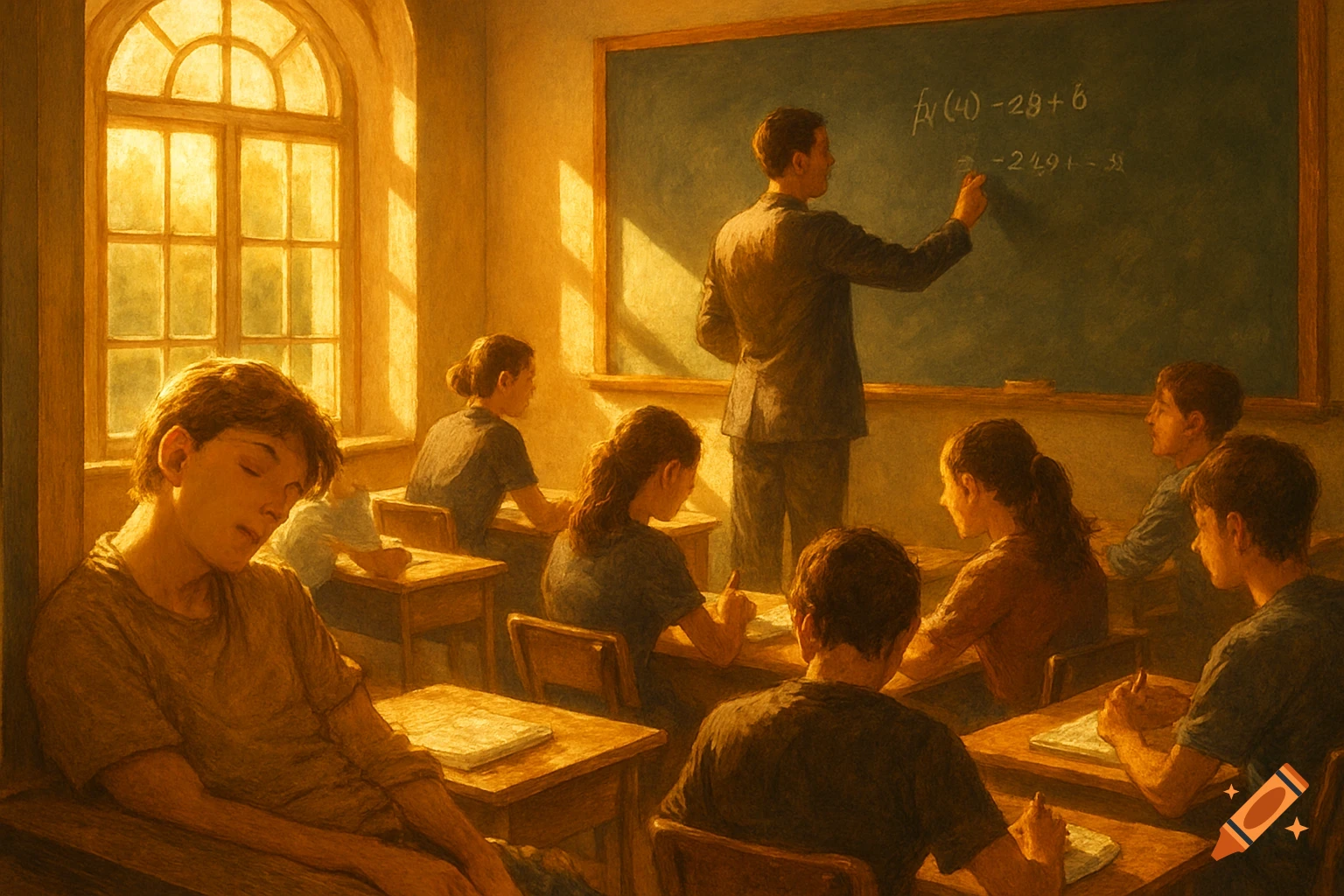 A teacher writes on a chalkboard in a sunlit classroom, while students, some taking notes and one sleeping, sit at wooden desks.