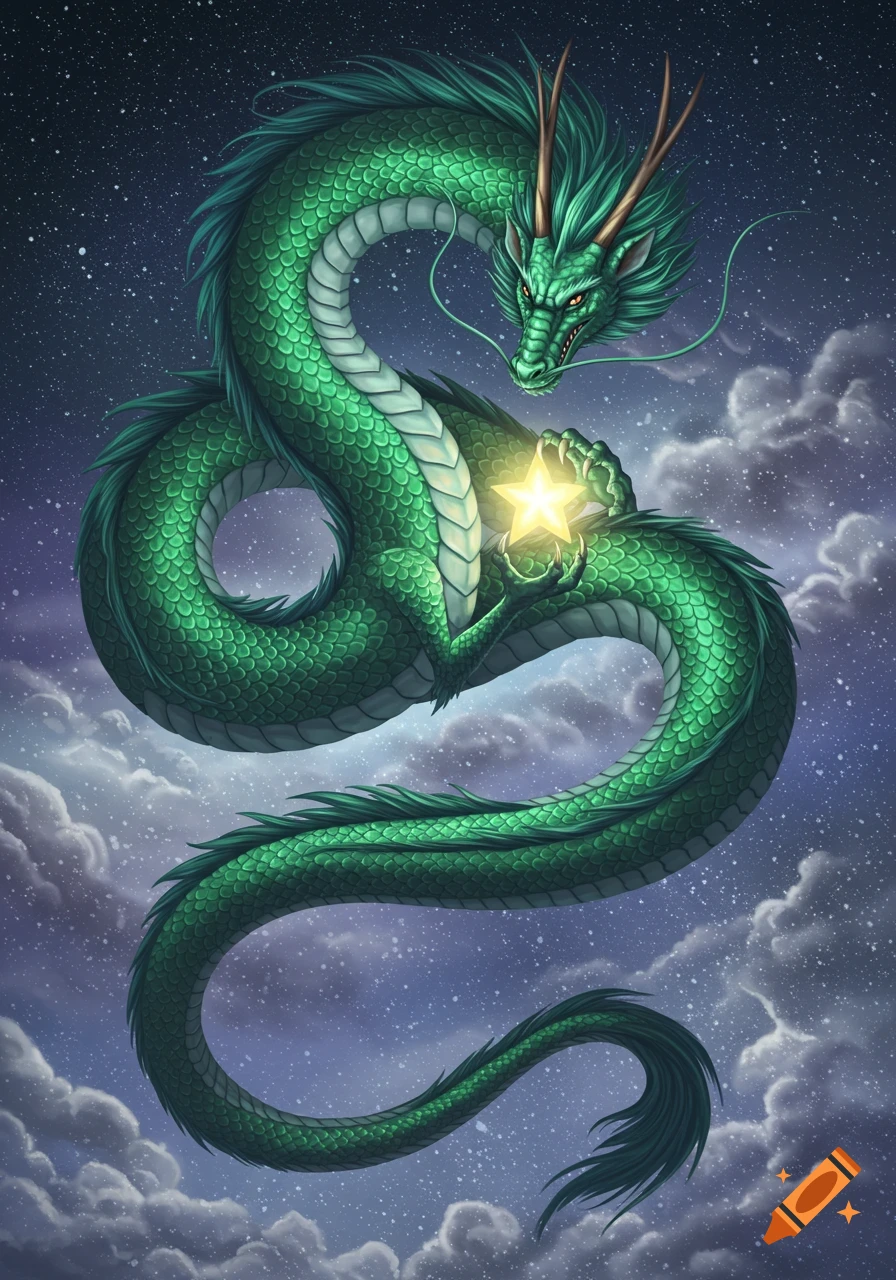 A large, vibrant green oriental dragon coils its body in a dark, starry night sky, holding a glowing yellow star in its claws amidst white clouds.