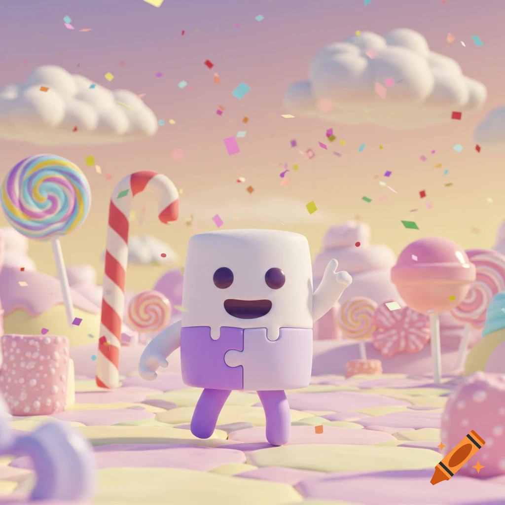 A cute white and purple puzzle piece character in a whimsical candy land, surrounded by lollipops, candy canes, and falling confetti in a 3D cartoon style.