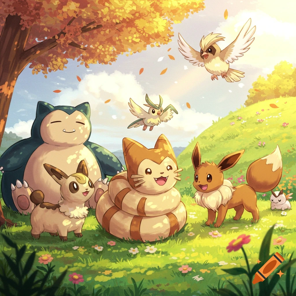 Snorlax, Eevee, and other Pokémon in a sunny, grassy field under a tree with falling autumn leaves.