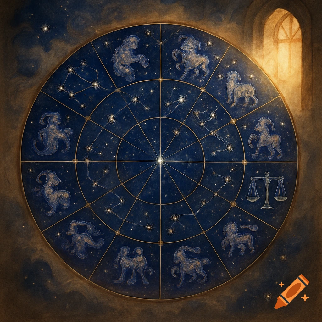 A circular astrological chart with zodiac signs and constellations on a dark, starry background, illuminated by a window.