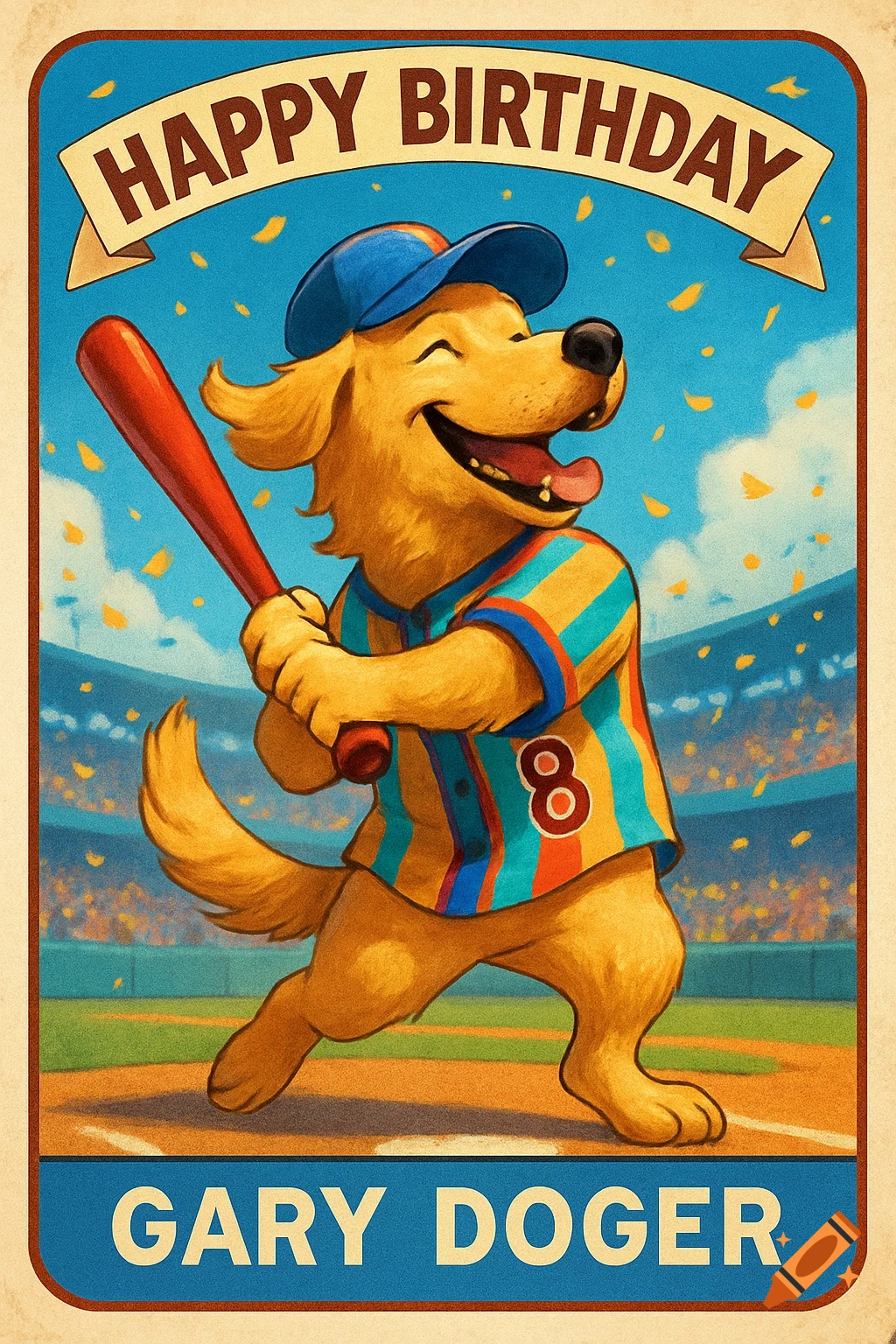 A vintage-style baseball card of a happy cartoon dog in a baseball uniform, holding a bat, with 'Happy Birthday Gary Doger' text.