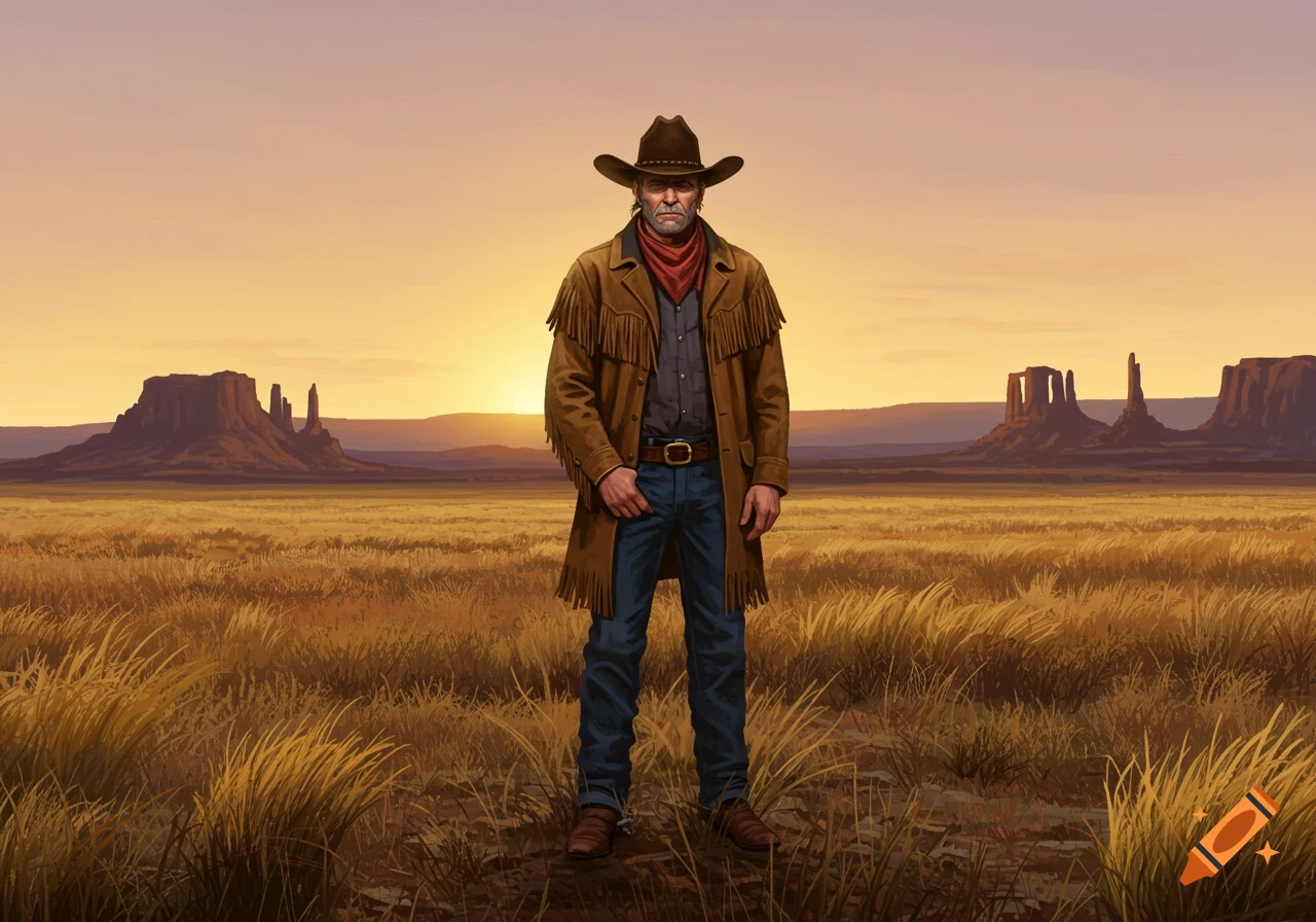 An illustrated cowboy stands in a dry prairie landscape with mesas in the background under an orange sunset sky.