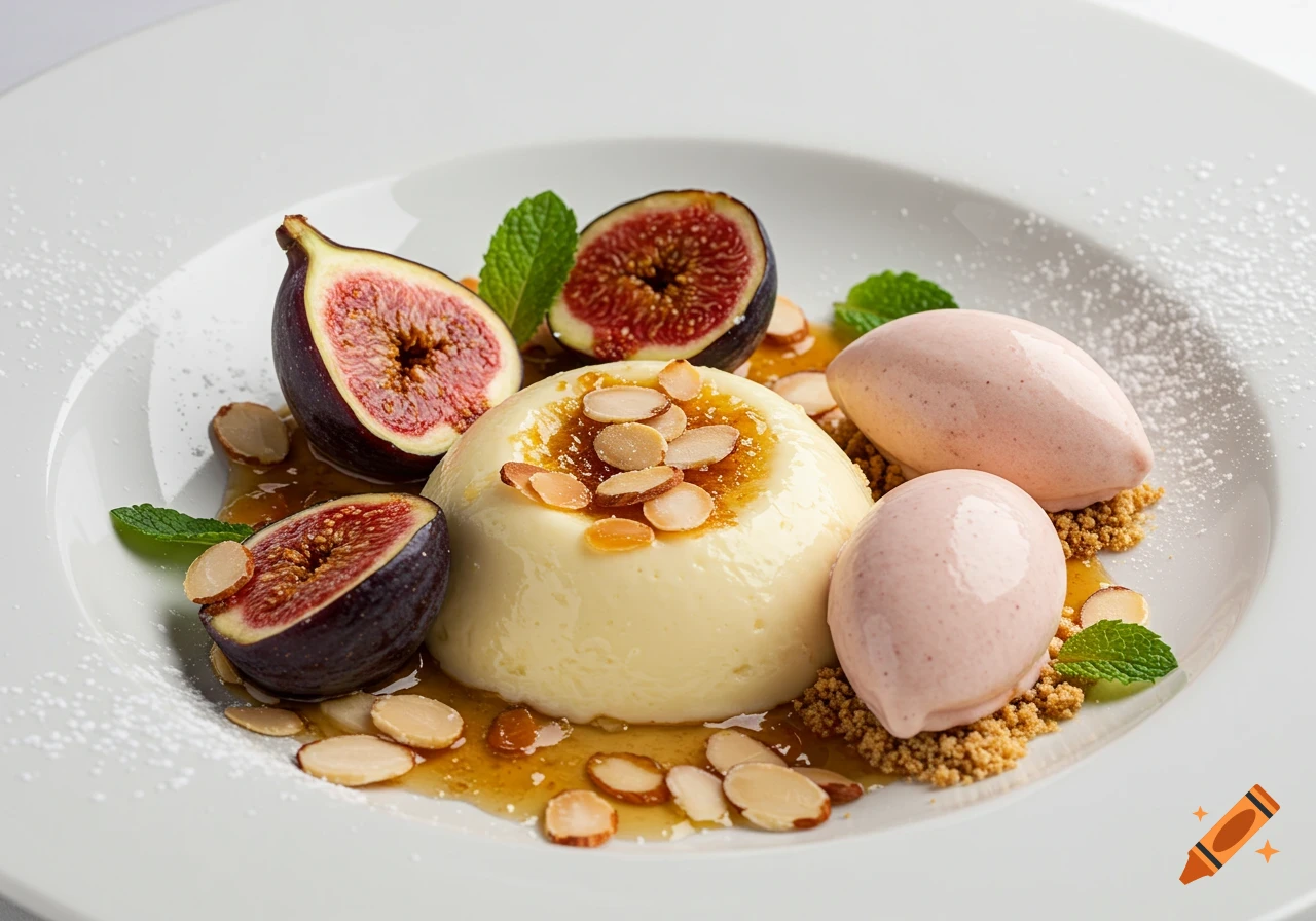 A gourmet plated dessert features a creamy pudding topped with sliced almonds and caramel, halved figs, two scoops of pink ice cream, and mint sprigs on a white plate.