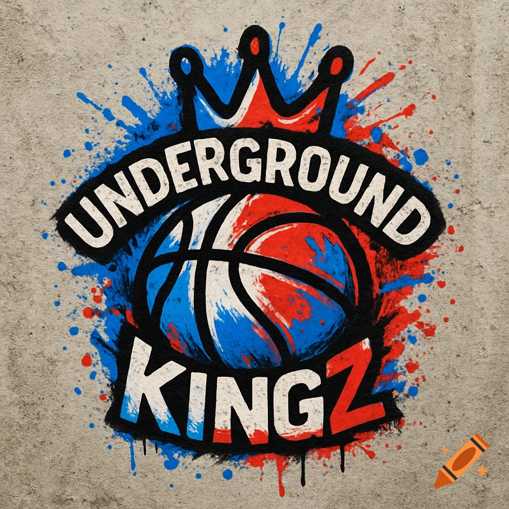 A street art style basketball logo with a crown, 'UNDERGROUND KINGZ' text, and blue and red paint splatters on a concrete background.