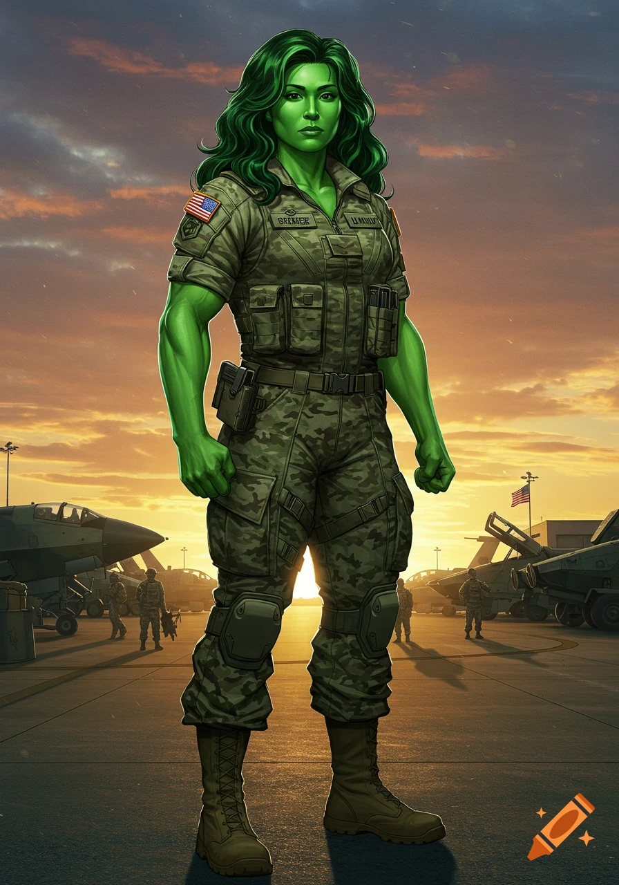 She-Hulk in a US military camouflage uniform stands on an airfield at sunset, with fighter jets and soldiers in the background.