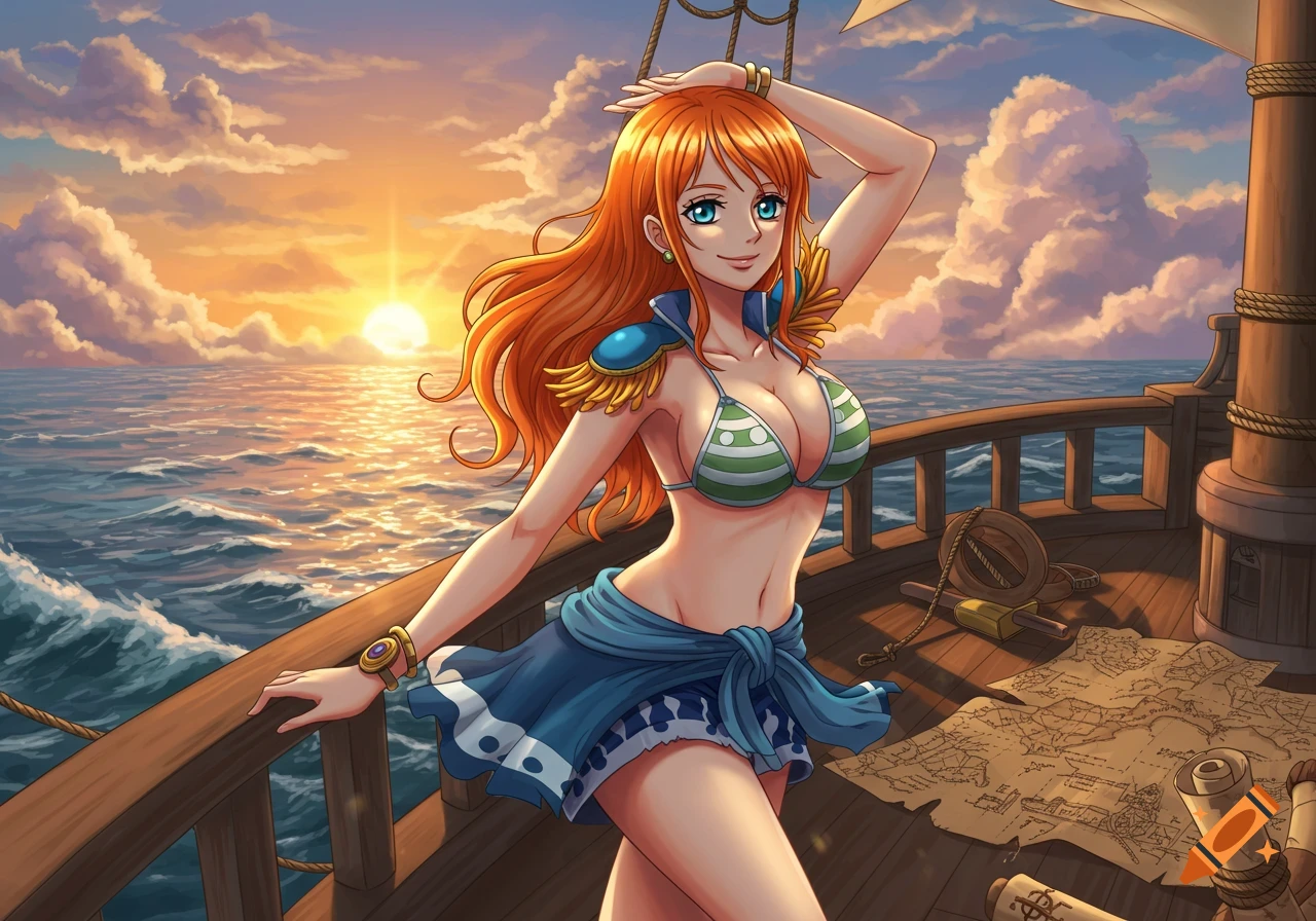 Anime character Nami in a bikini and skirt on a pirate ship at sunset over the ocean.