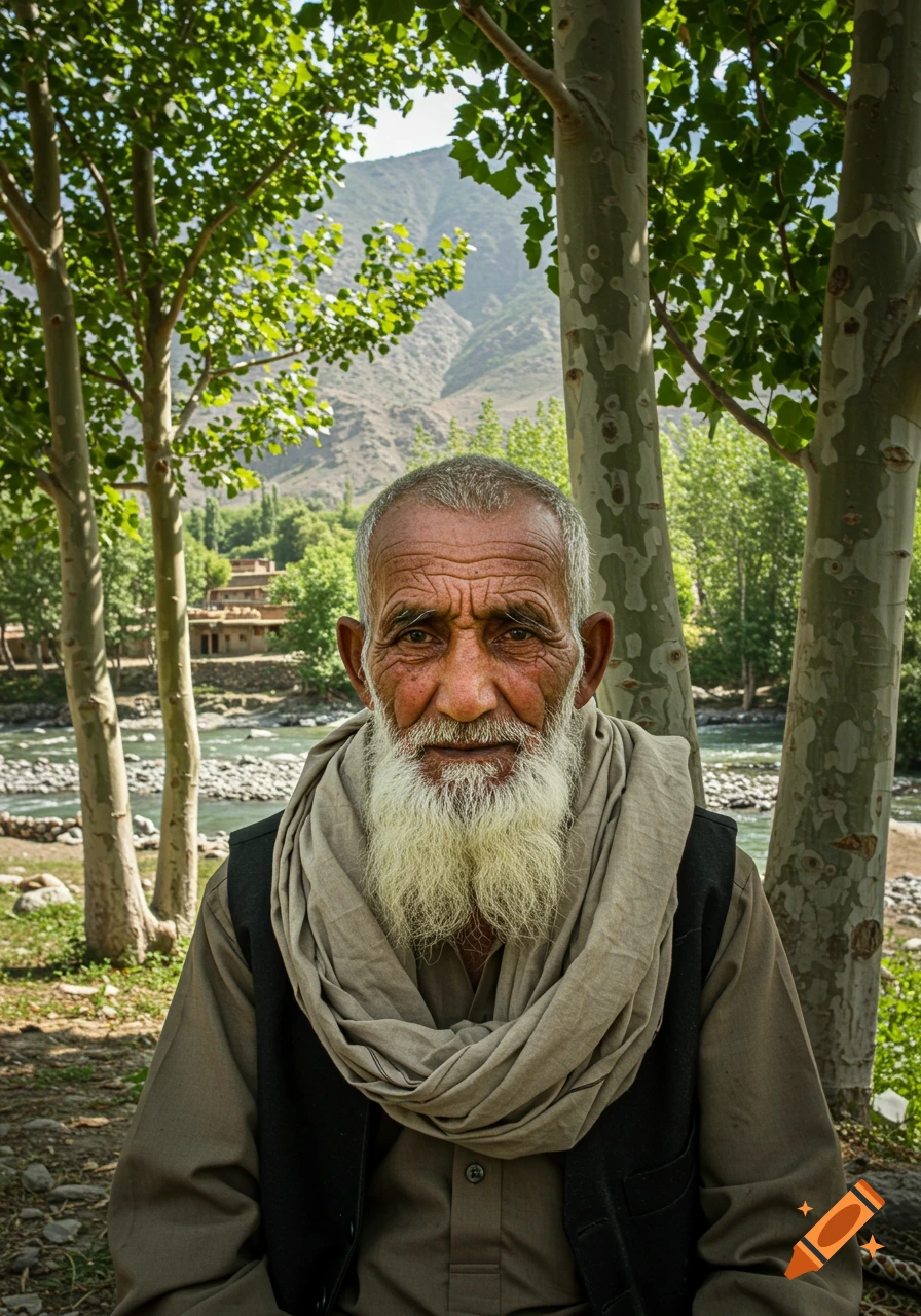 Ultra-realistic portrait of an elderly Afghan man with a white beard, wearing traditional clothing, in a lush mountain valley with a river.
