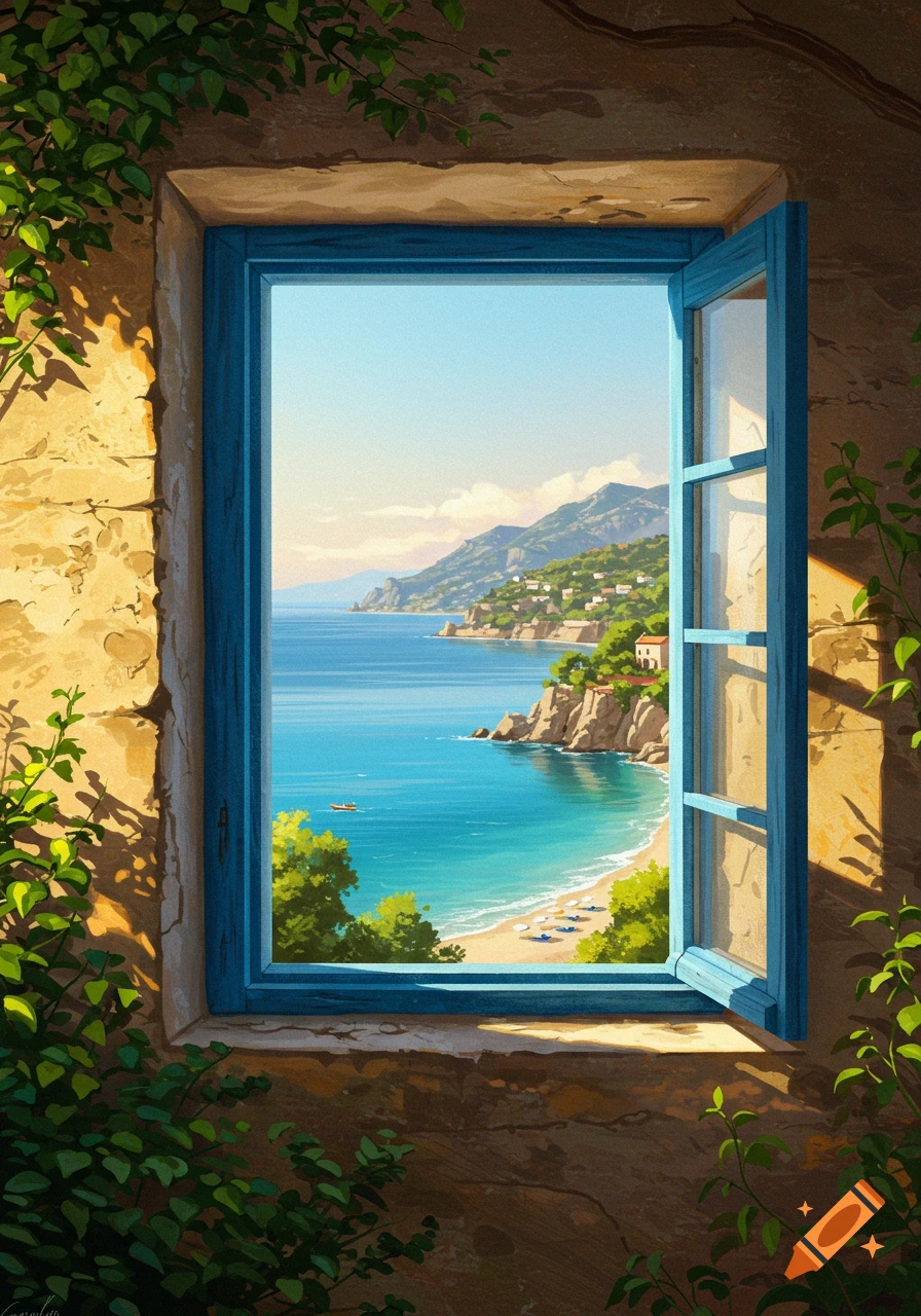 Semi-realistic painting of an open blue window frame overlooking a sunny Mediterranean cove with a beach, turquoise water, and mountains.