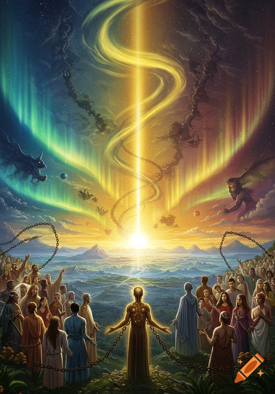 An epic fantasy painting of a glowing figure and a crowd of people in chains, looking up at a bright light in a cosmic sky with aurora-like lights and shadowy creatures.