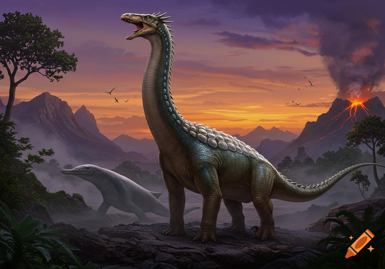 A large, long-necked dinosaur with scaly armor stands on rocky ground, facing a volcanic eruption at sunset, with another prehistoric creature in the background.
