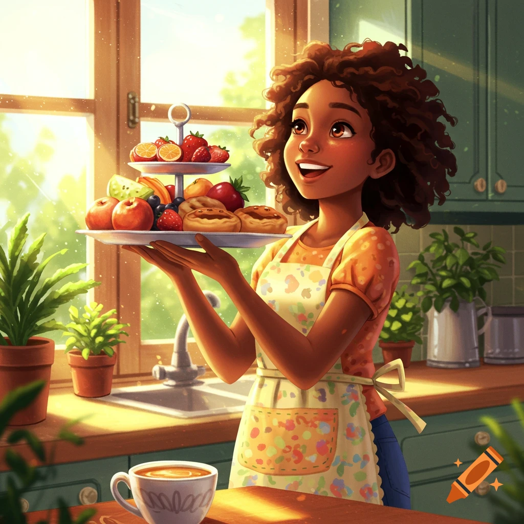 A cheerful cartoon Black girl in an apron holds a two-tiered tray of fruit and pastries in a sunny kitchen.