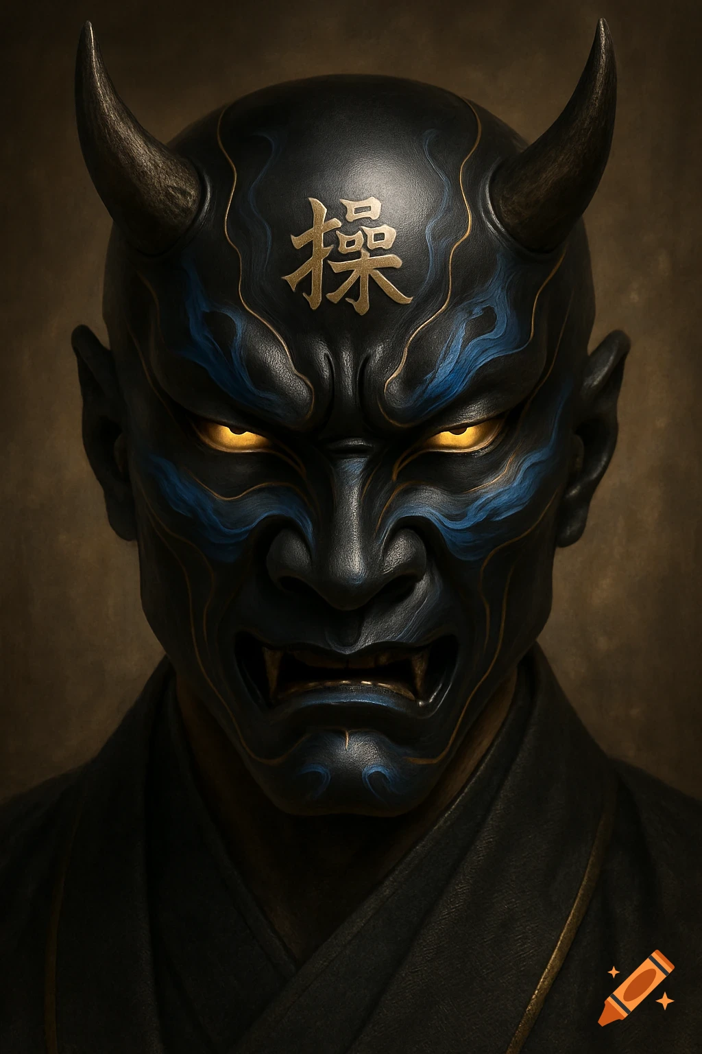 Close-up of a fierce, dark Hannya-style mask with glowing gold eyes, blue wind-like patterns, and a gold kanji symbol on its forehead. Photorealistic style.