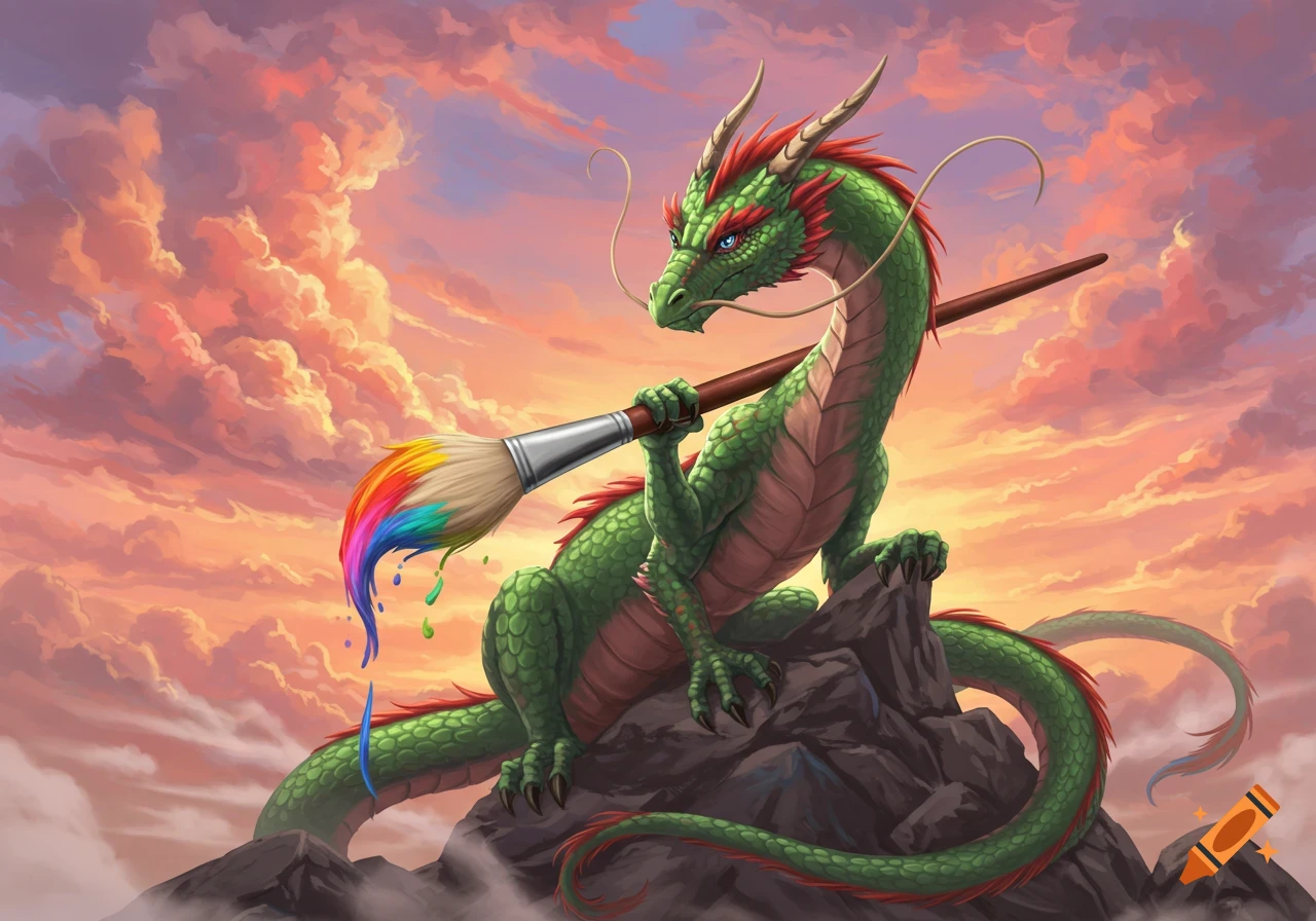 A green dragon with red accents holds a rainbow paintbrush, dripping paint, sitting on rocks against a dramatic sunset sky.