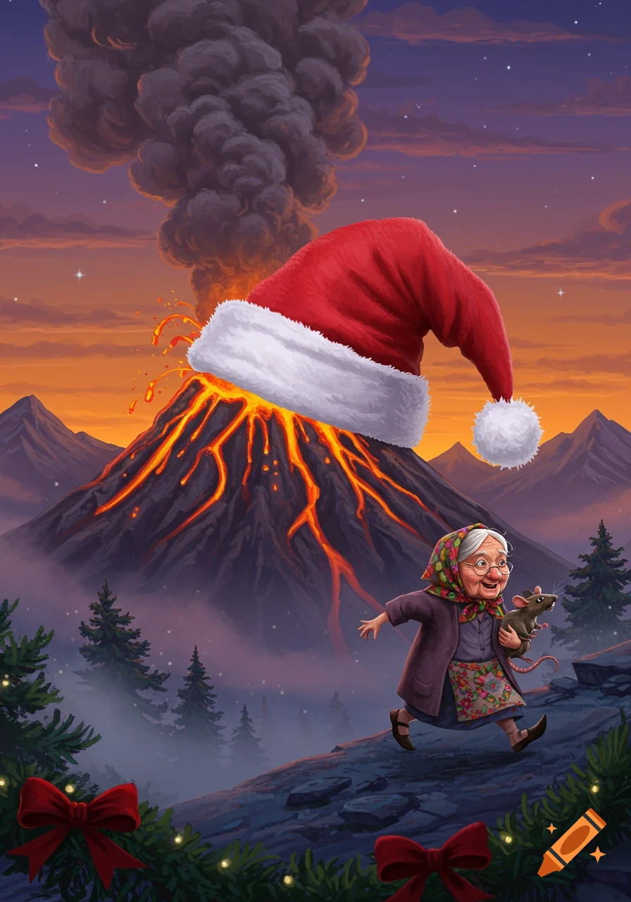 A cartoon grandma holding a rat runs from an erupting volcano wearing a Santa hat, with Christmas decorations.