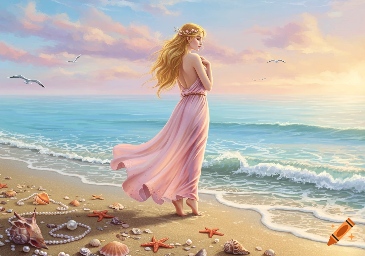 A woman with long blonde hair in a flowing pink dress stands on a shell-strewn beach, looking at the ocean at sunset.