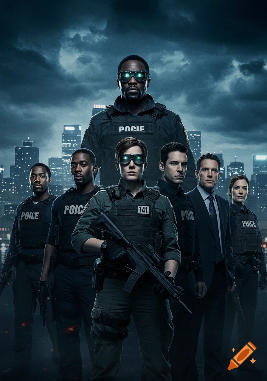 A serious, diverse team of police/military personnel in tactical gear, some armed, against a dark city skyline at night.