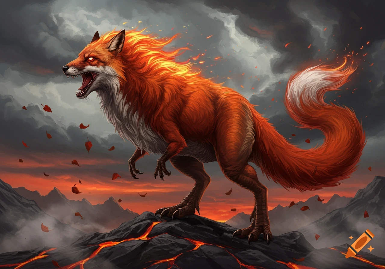 A fiery fox-dinosaur hybrid creature with glowing eyes stands on volcanic rock, smoke and embers in the background. Digital art.