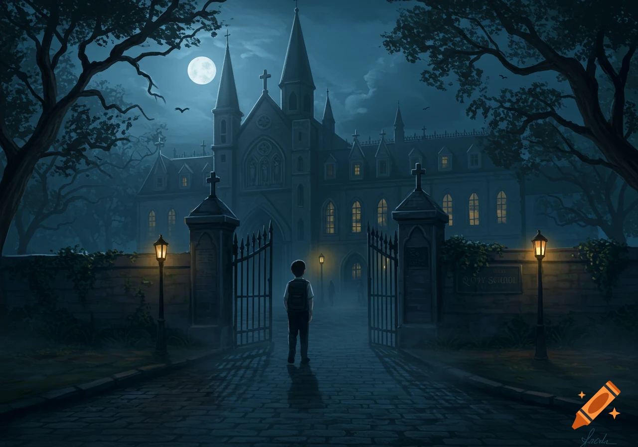 Stylized illustration of a boy at the gates of a gloomy gothic boarding school on a full moonlit night.