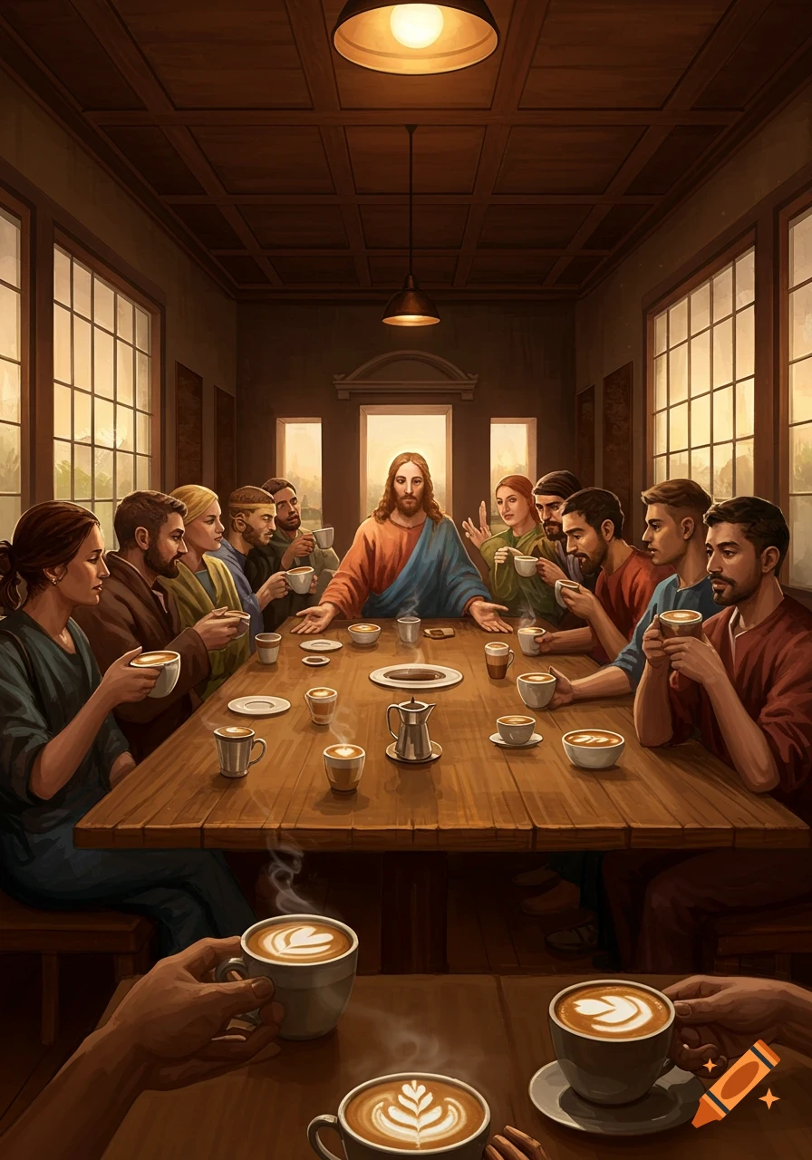 Illustrated depiction of Jesus and disciples at a long table in a spacious room, all drinking cappuccinos and coffee.