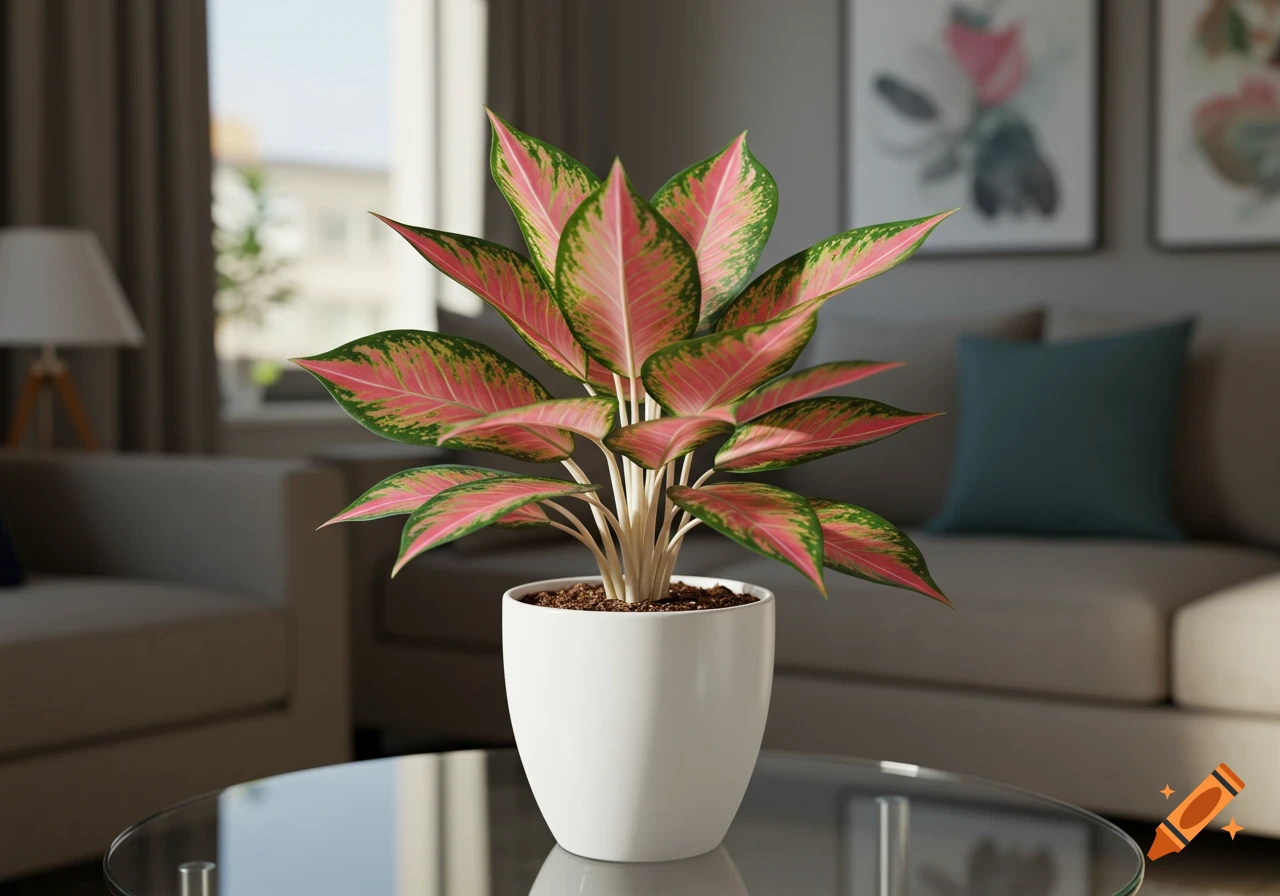 Highly realistic Aglaonema 'Pink Splash' plant in a white ceramic pot on a glass coffee table in a modern living room.