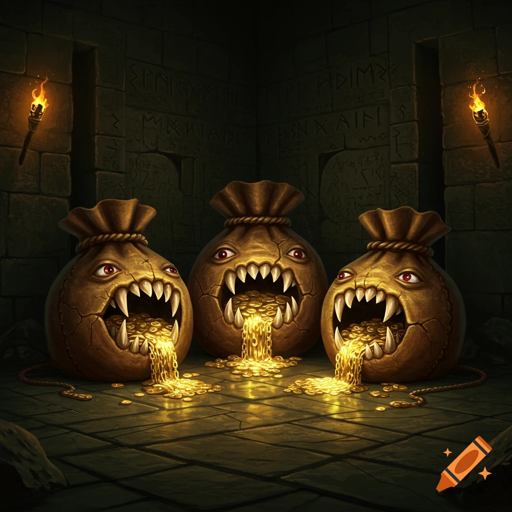 Fantasy art of three evil golden money bags with sharp teeth and red eyes, overflowing with gold in a dark dungeon.
